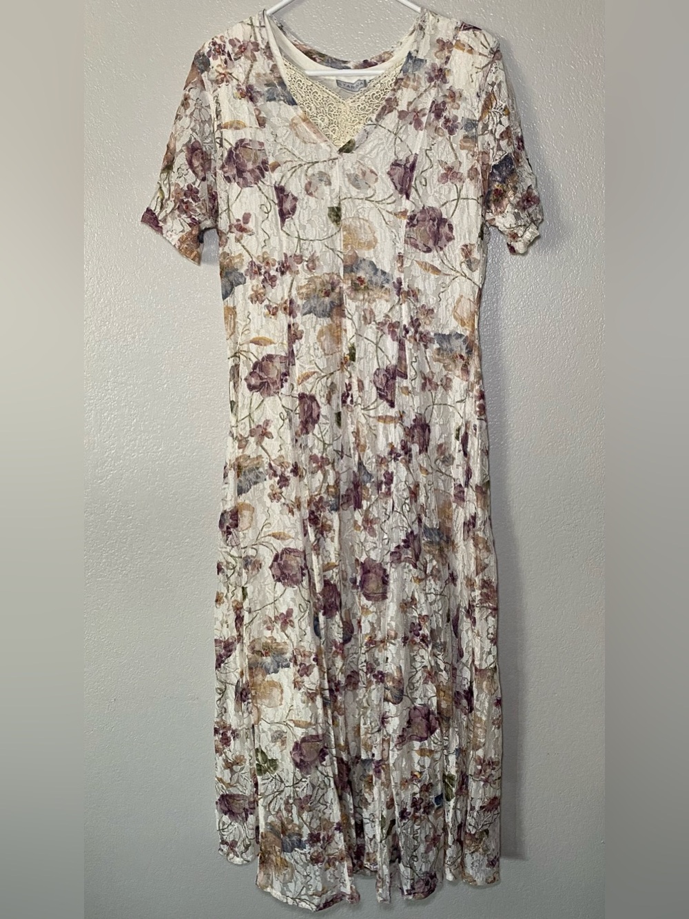 Vintage Starina Floral Lace Dress With Slip Shoulder Pads Size M Prairie
